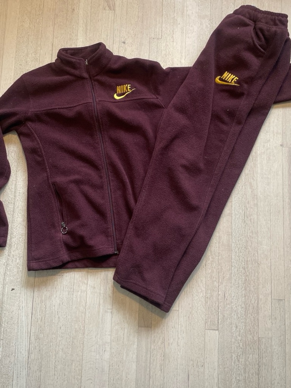 Nike Maroon Fleece Jacket and Pants with Gold Swoosh